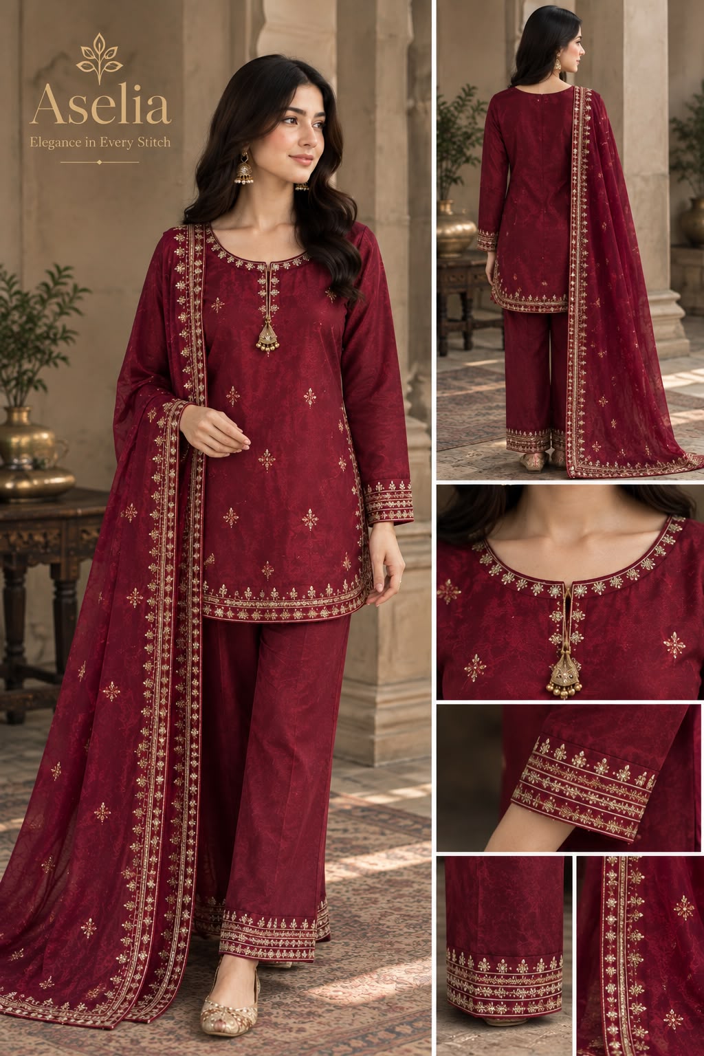 Embroidered Maroon 3-Piece Suit
